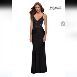 La Femme Black Sequin Ball Gown